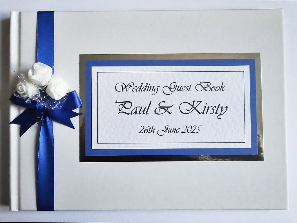 Royal blue wedding guest book with roses, wedding gift, keepsake