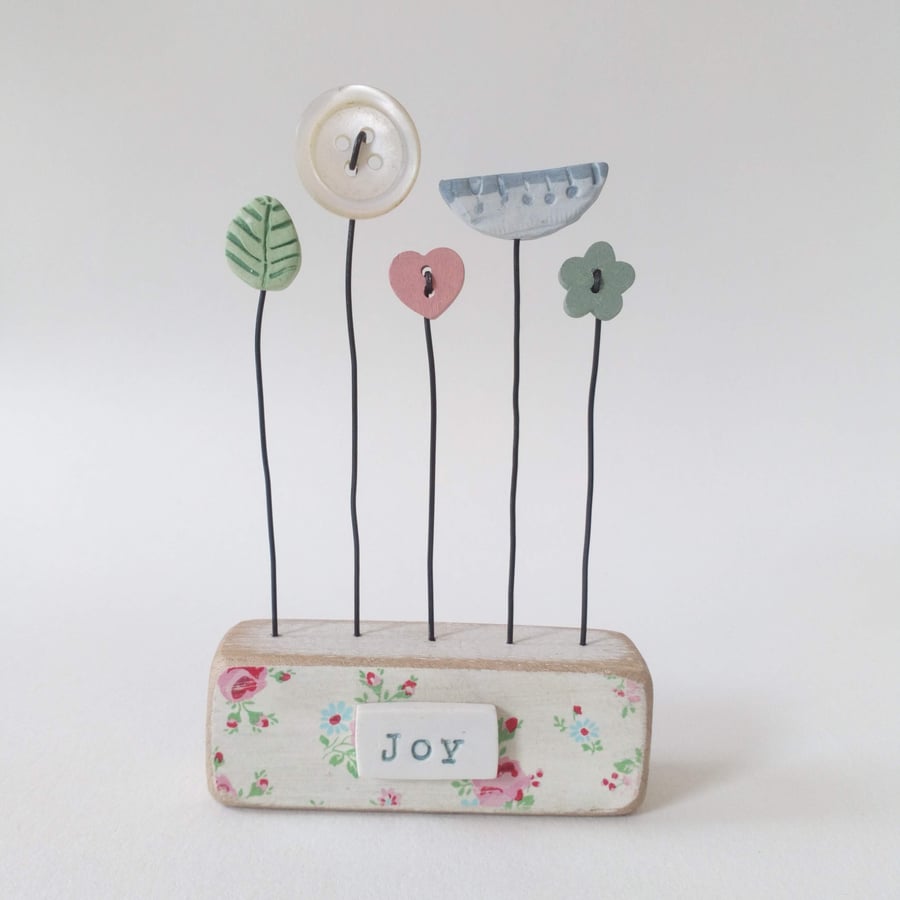 SALE - Clay and Button Flower Garden in a Wood Block 'Joy'
