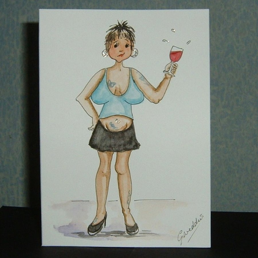 cartoon original hand painted greetings card wine drinker ref 30