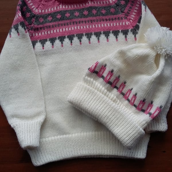 Fairisle yoke jumper in white, pink and grey with matching hat