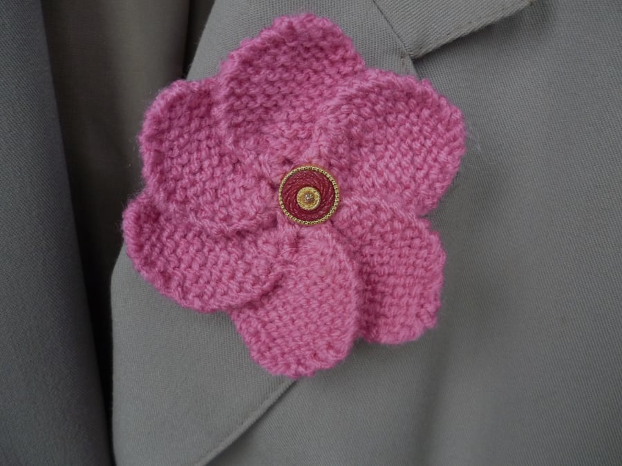 Knitted Flower Brooch - Pink 6 Petal Brooch with Red Button Centre