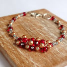 Red and Gold Glass Bead Part Cluster Bracelet
