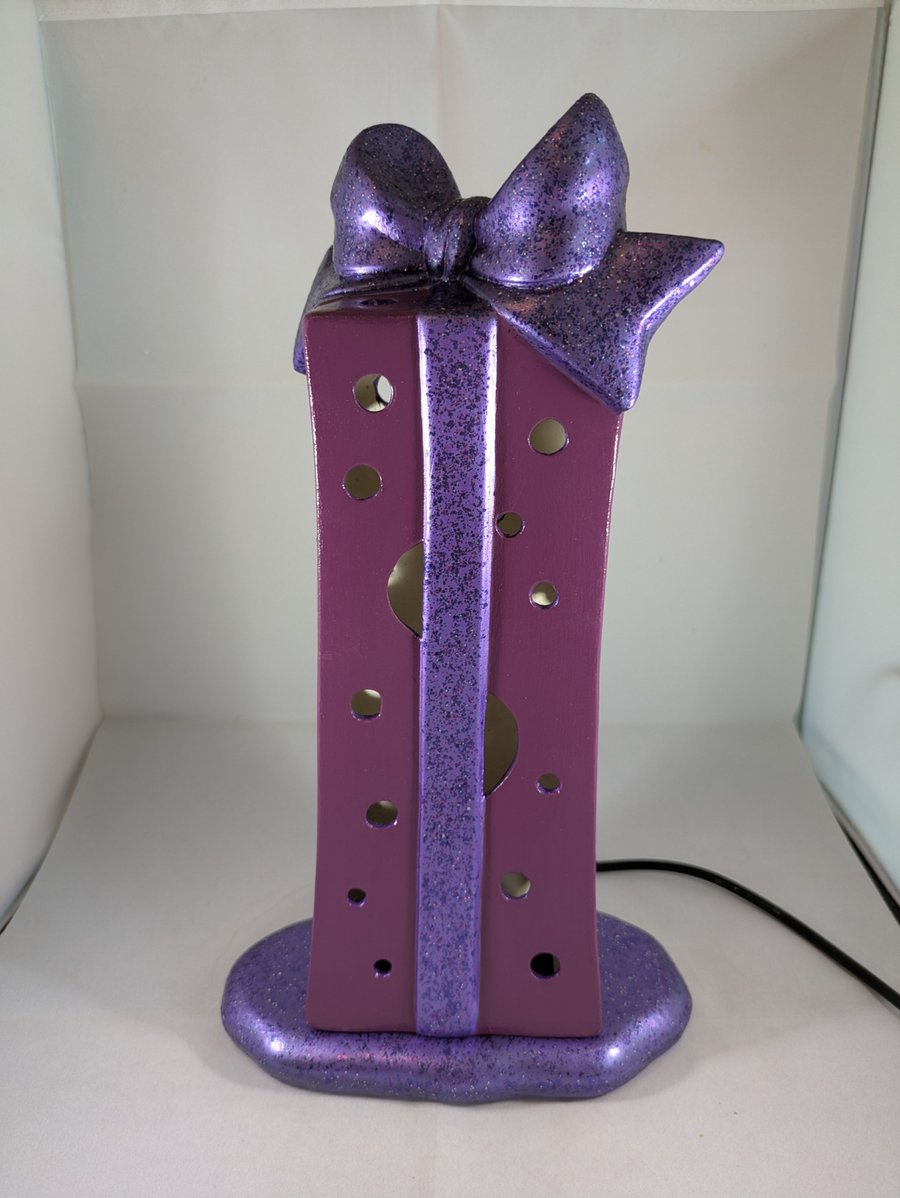 Purple Glittery Ceramic Present Parcel Table Lamp Light Ornament Decoration.