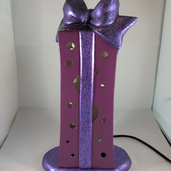 Purple Glittery Ceramic Present Parcel Table Lamp Light Ornament Decoration.