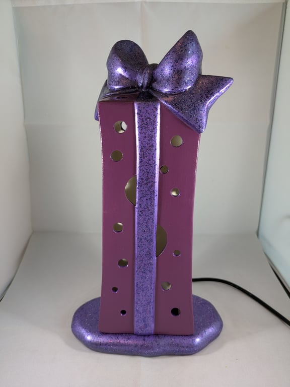 Purple Glittery Ceramic Present Parcel Table Lamp Light Ornament Decoration.