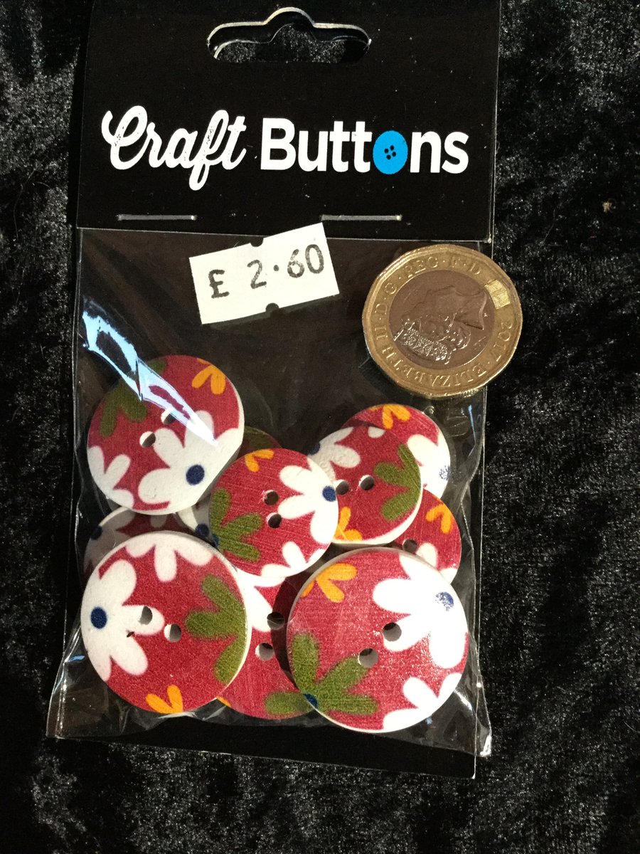 Craft Buttons Red Background White Green Orange Flowers (N.71)