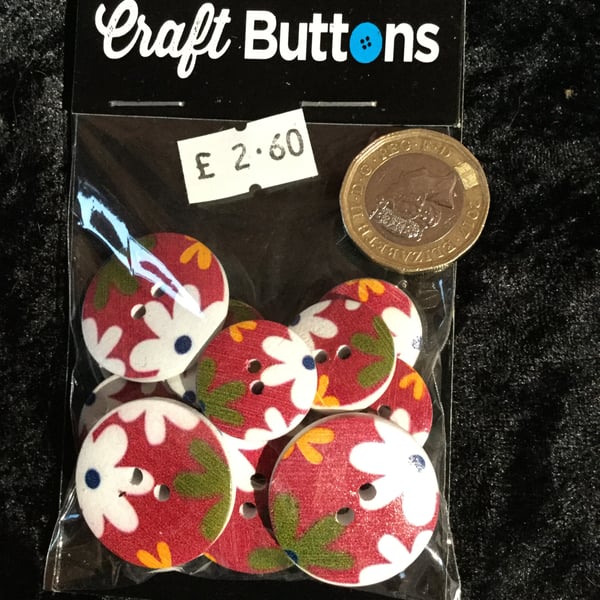 Craft Buttons Red Background White Green Orange Flowers (N.71)