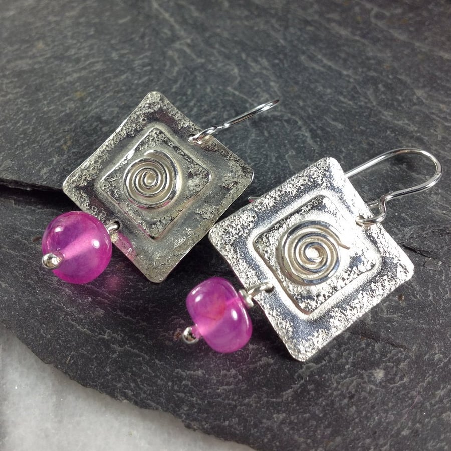 Silver and hot pink chalcedony spiral earrings