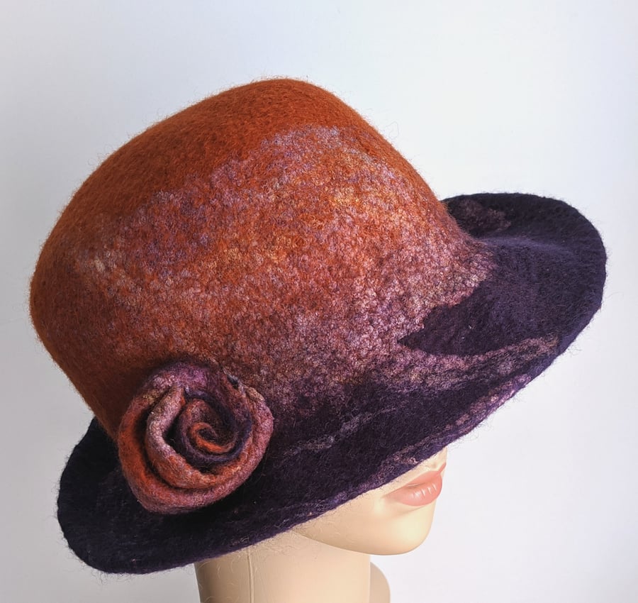 Purple and rusts felted wool hat - One of the 'Squashable' range
