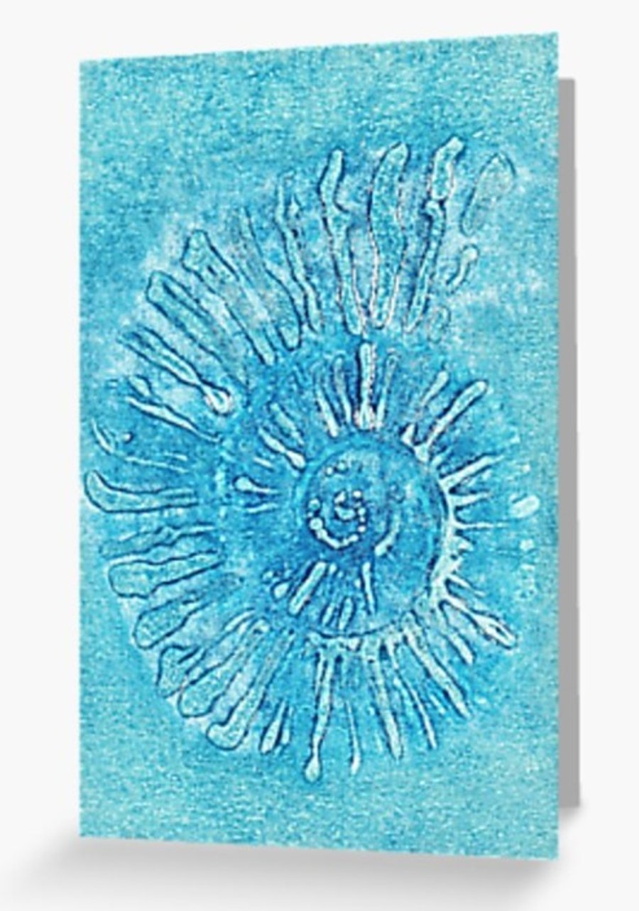 Turquoise ammonite fossil artist card reproduced from a collagraph print