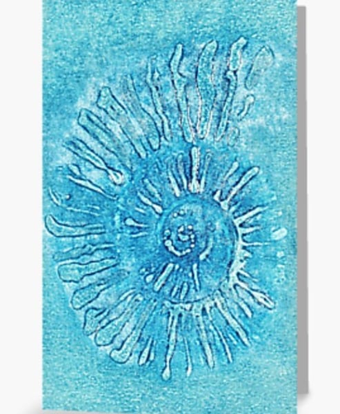Turquoise ammonite fossil artist card reproduced from a collagraph print