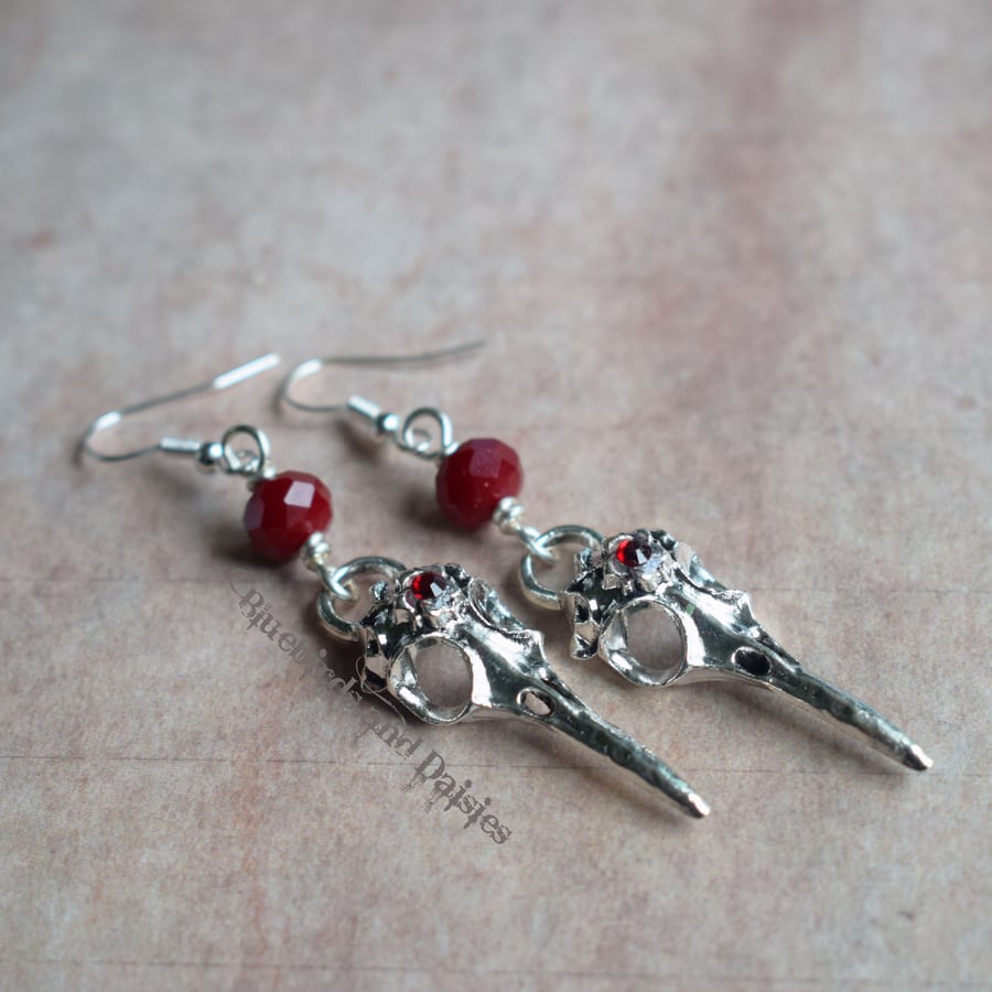 Gothic Raven Skull Earrings with Red Rhinestones and Beads