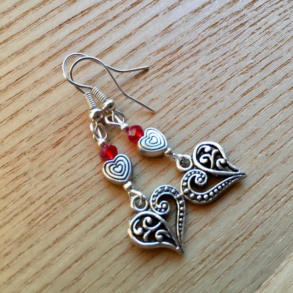 Red Crystal and Heart Charm Bead Earrings