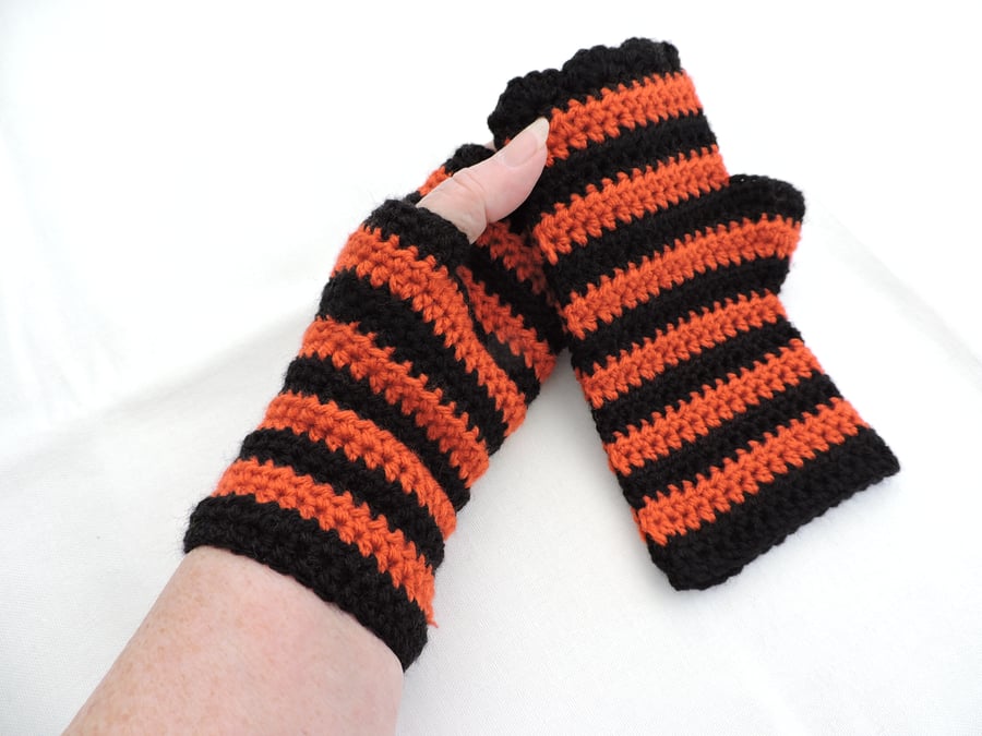  Adults Fingerless Crochet Mitts Black and Orange Stripes