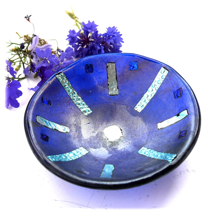 Blue Dichroic Glass Fused Bowl 13 x 2.5cm 066 Silver