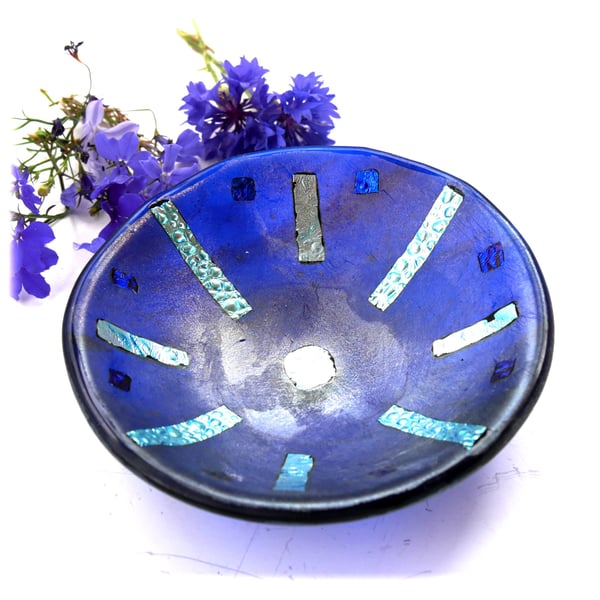 Blue Dichroic Glass Fused Bowl 13 x 2.5cm 066 Silver