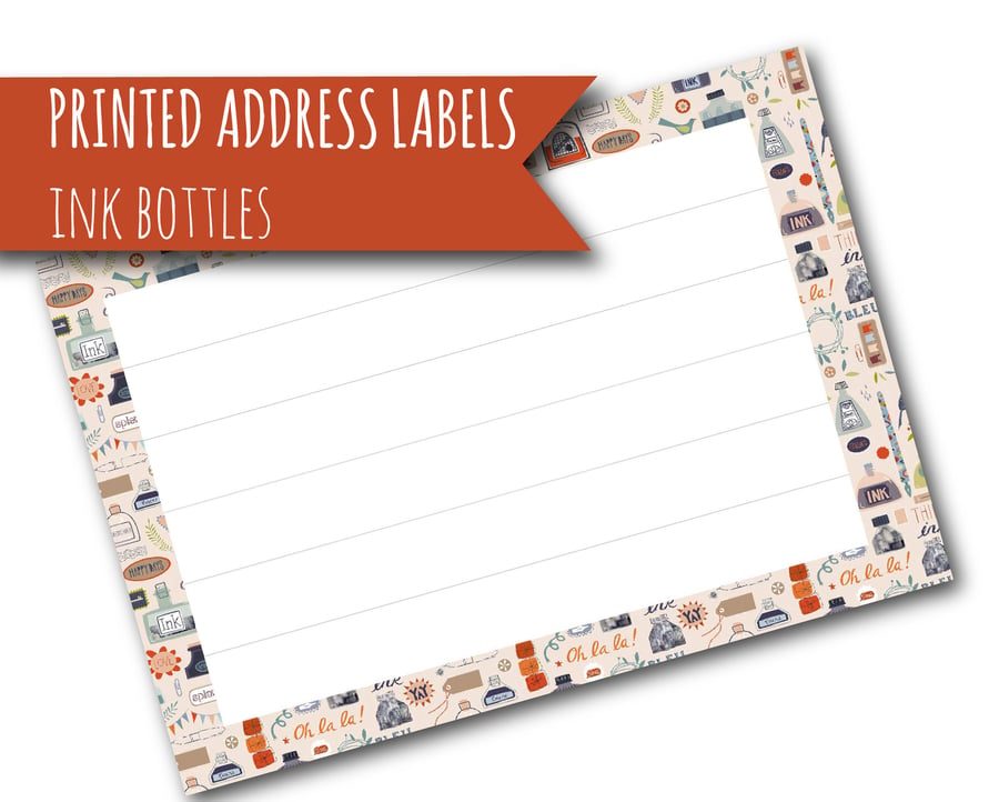 Printed self-adhesive address labels, ink bottles, letter writing