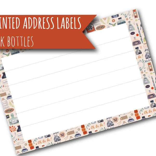 Printed self-adhesive address labels, ink bottles, letter writing