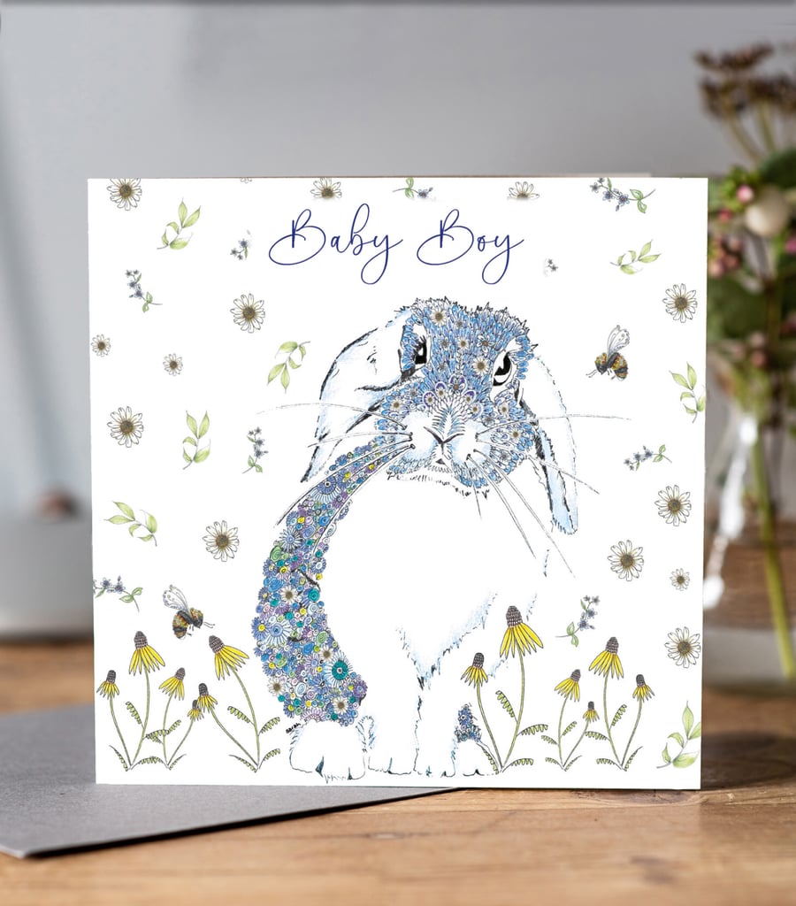 Floral Blue Bunny Greeting card