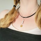 Kiwi sesame Jasper bead and faux vegan friendly leather sterling silver necklace