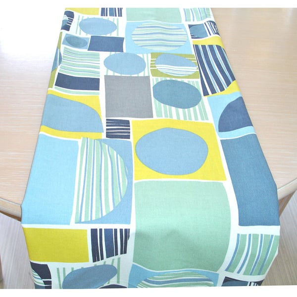 4ft Table Runner Mid-Century Blue Green Yellow and Grey Geometric MCM
