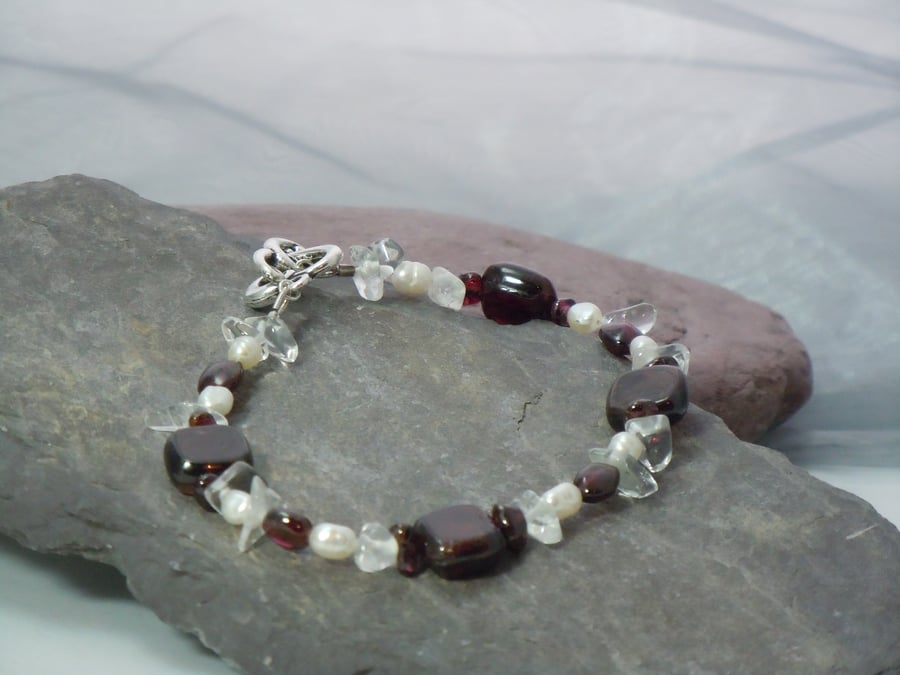 Garnet, freshwater Pearls & Quartz bracelet with heart clasp