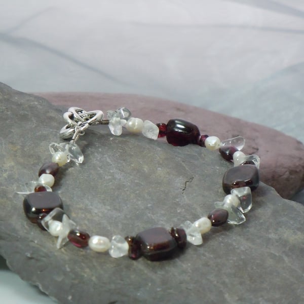 Garnet, freshwater Pearls & Quartz bracelet with heart clasp