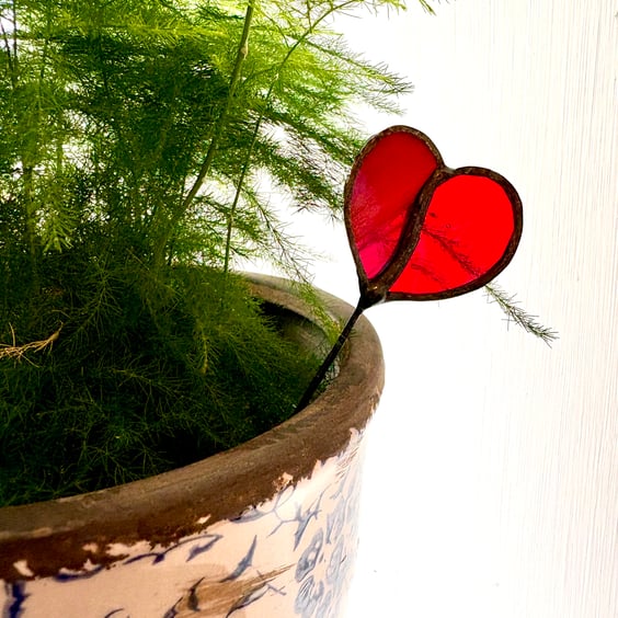 Red stained glass heart stake, plant buddy, perfect valentines gift