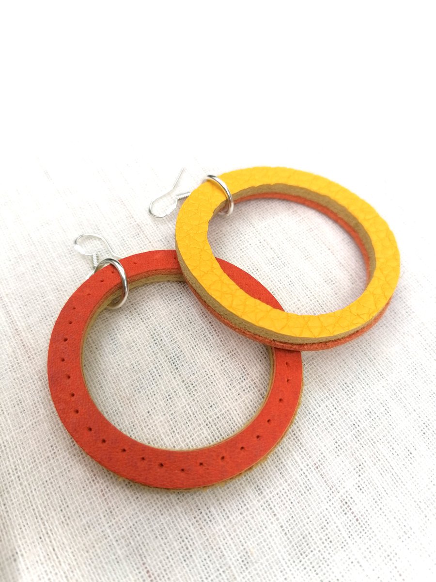 Colour Duo Leather Hoop Earrings - Orange & Yellow, Sterling Silver