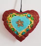 Swirly Red Heart Hanging Decoration with Turquoise Flower Centre