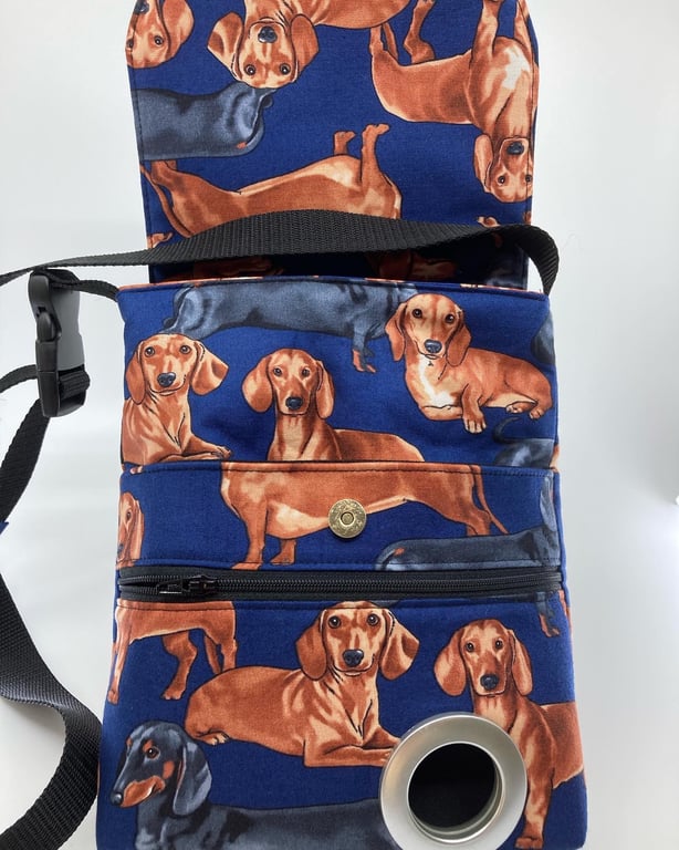 Dachshund dog walking bag with waste bag dispenser. X body, shoulder or waist .