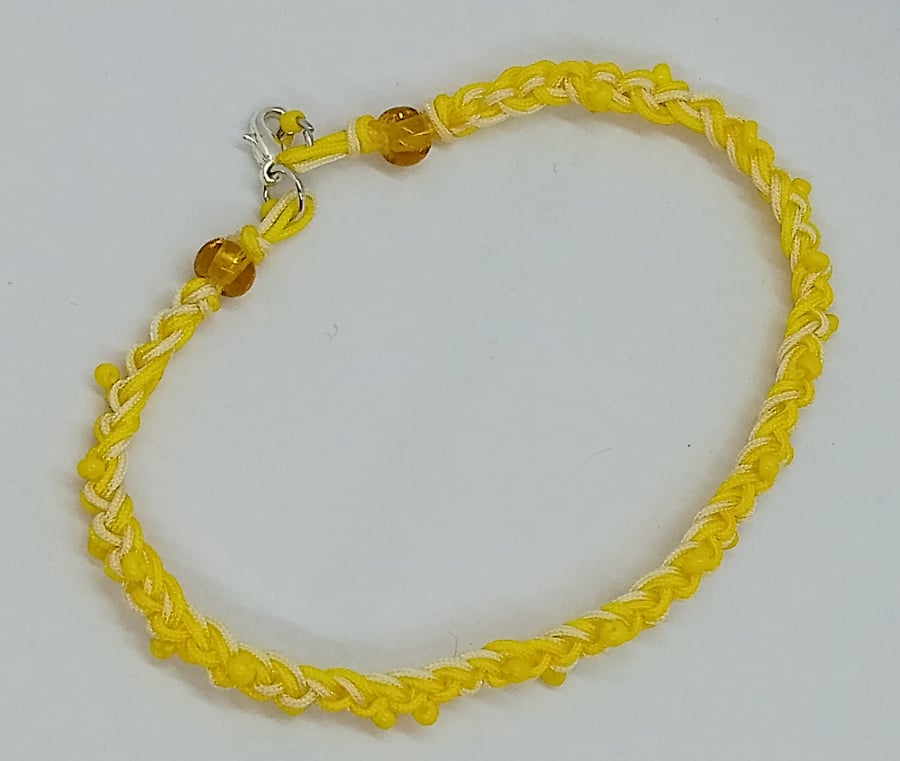 Large Yellow and White Beaded Cord Bracelet 