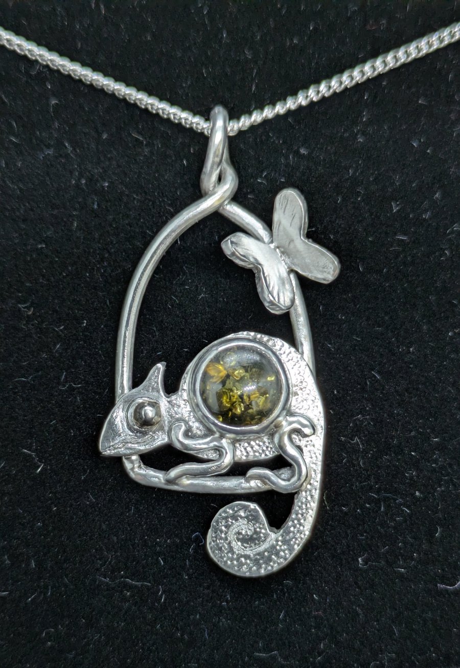 Sterling silver chameleon pendant with green amber, Silver necklace