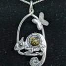Sterling silver chameleon pendant with green amber, Silver necklace