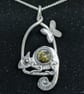Sterling silver chameleon pendant with green amber, Silver necklace