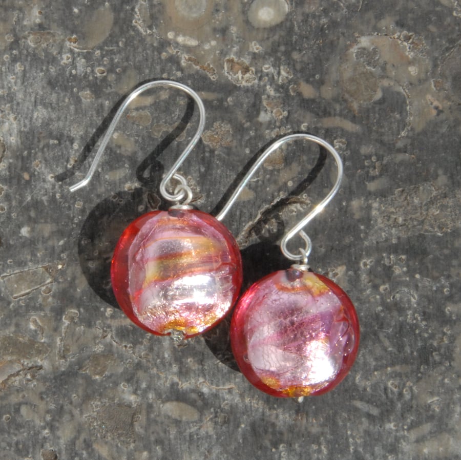 Sterling silver and Murano glass earrings - pink and silver foil 