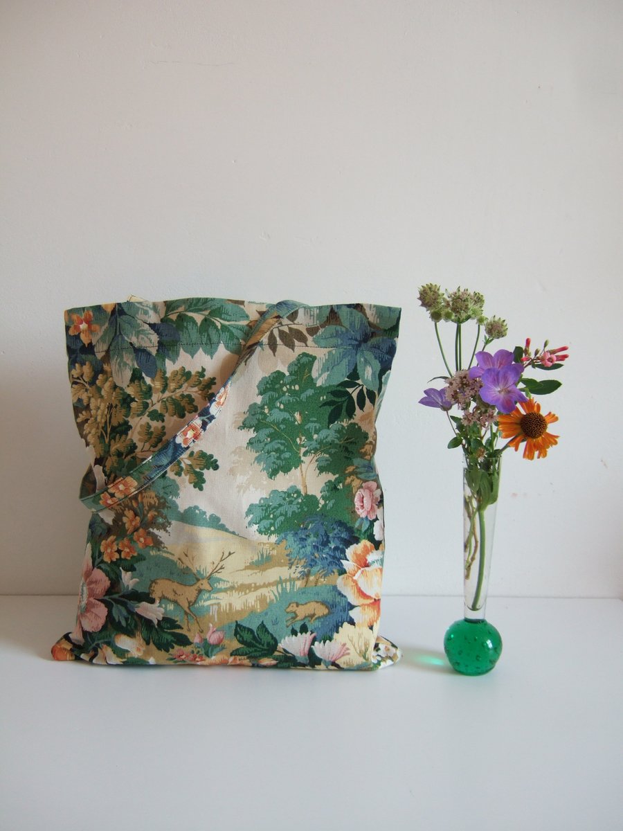 Tote or book bag made from vintage Sanderson fabric with a woodlands theme.