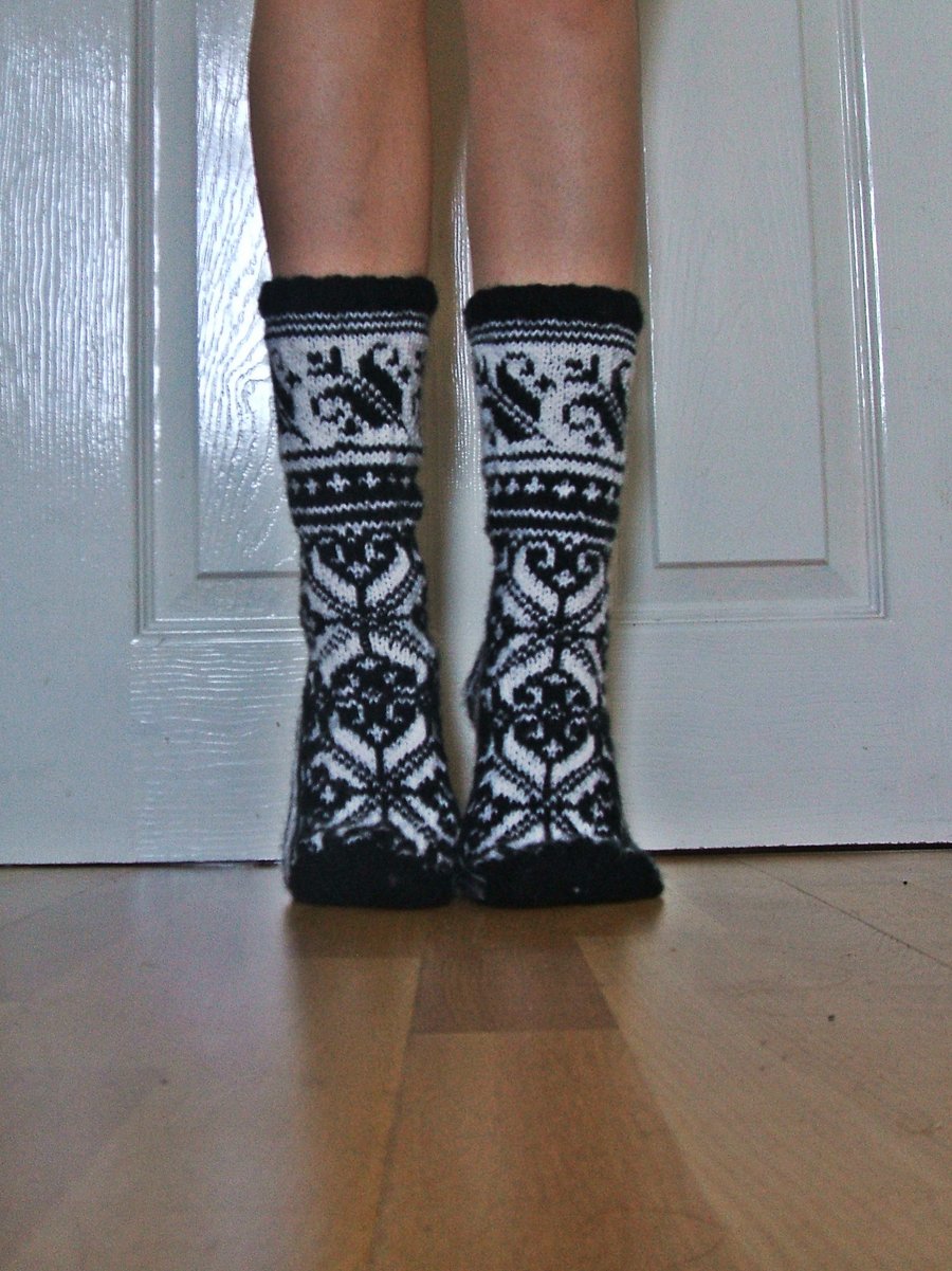 Hand-knitted Black White Wool Socks Scandinavian Fairisle Floral Christmas