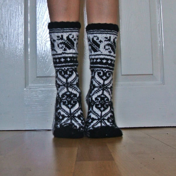 Hand-knitted Black White Wool Socks Scandinavian Fairisle Floral Christmas