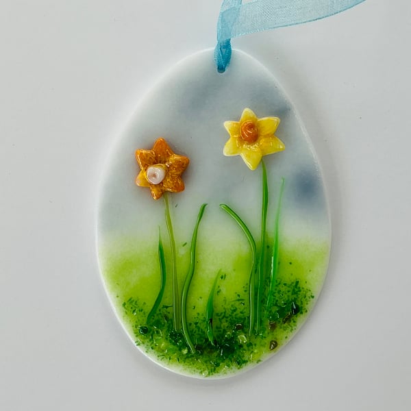 Fused glass easter egg hanging decoration with daffodils