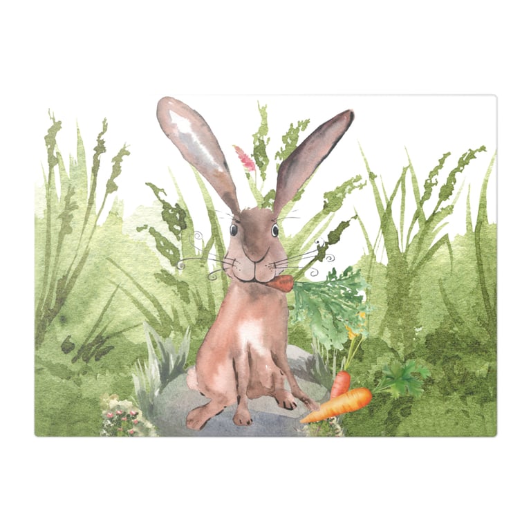 Comical Hare Guarding Carrots Glass Chopping Board Design 