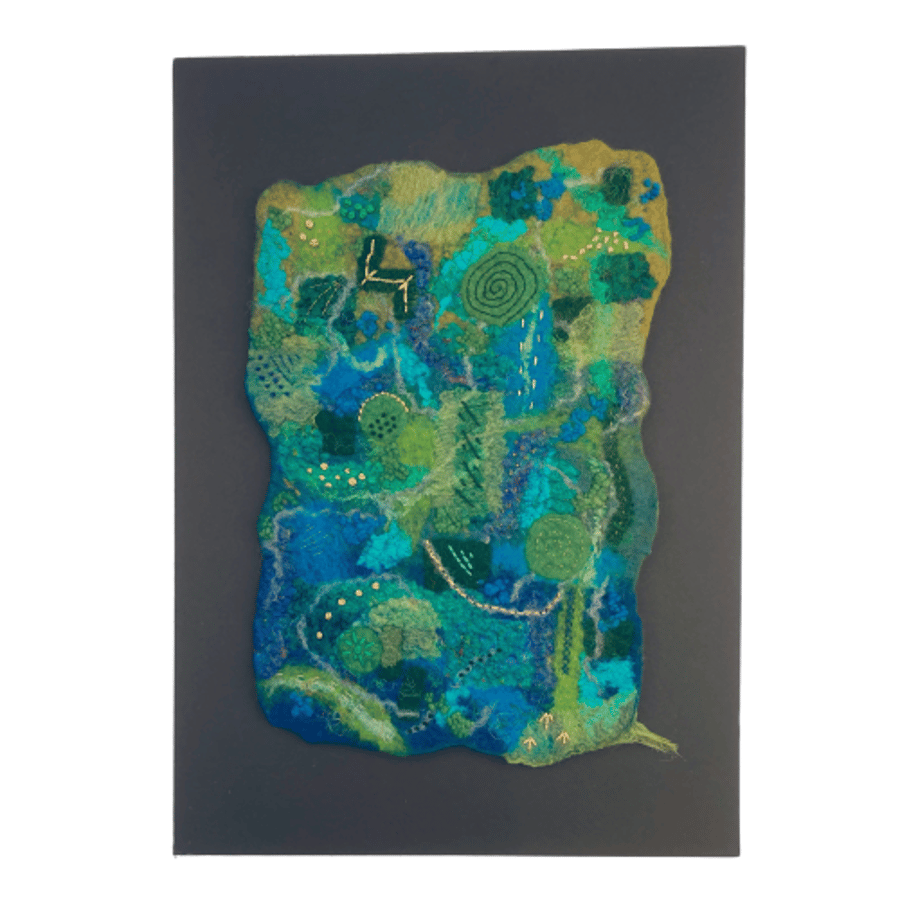 Wet felted and embroidered abstract textured wall art in green and blue