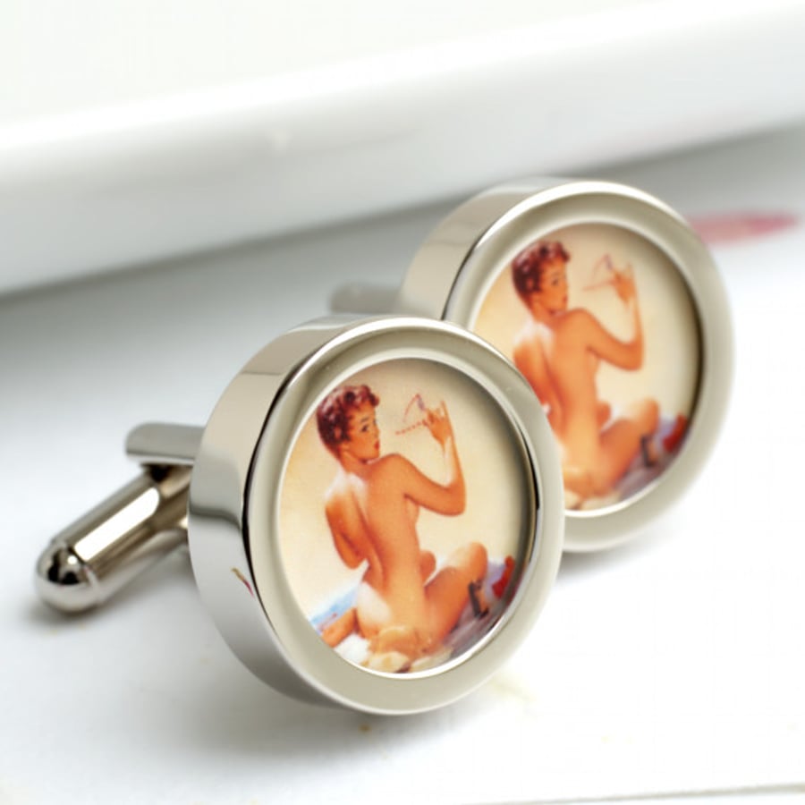  Vintage Nude Pin Up Cufflinks - Sunbathing Nude