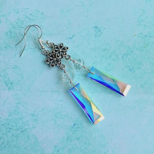 Flower Earrings with Ab Crystal Drops
