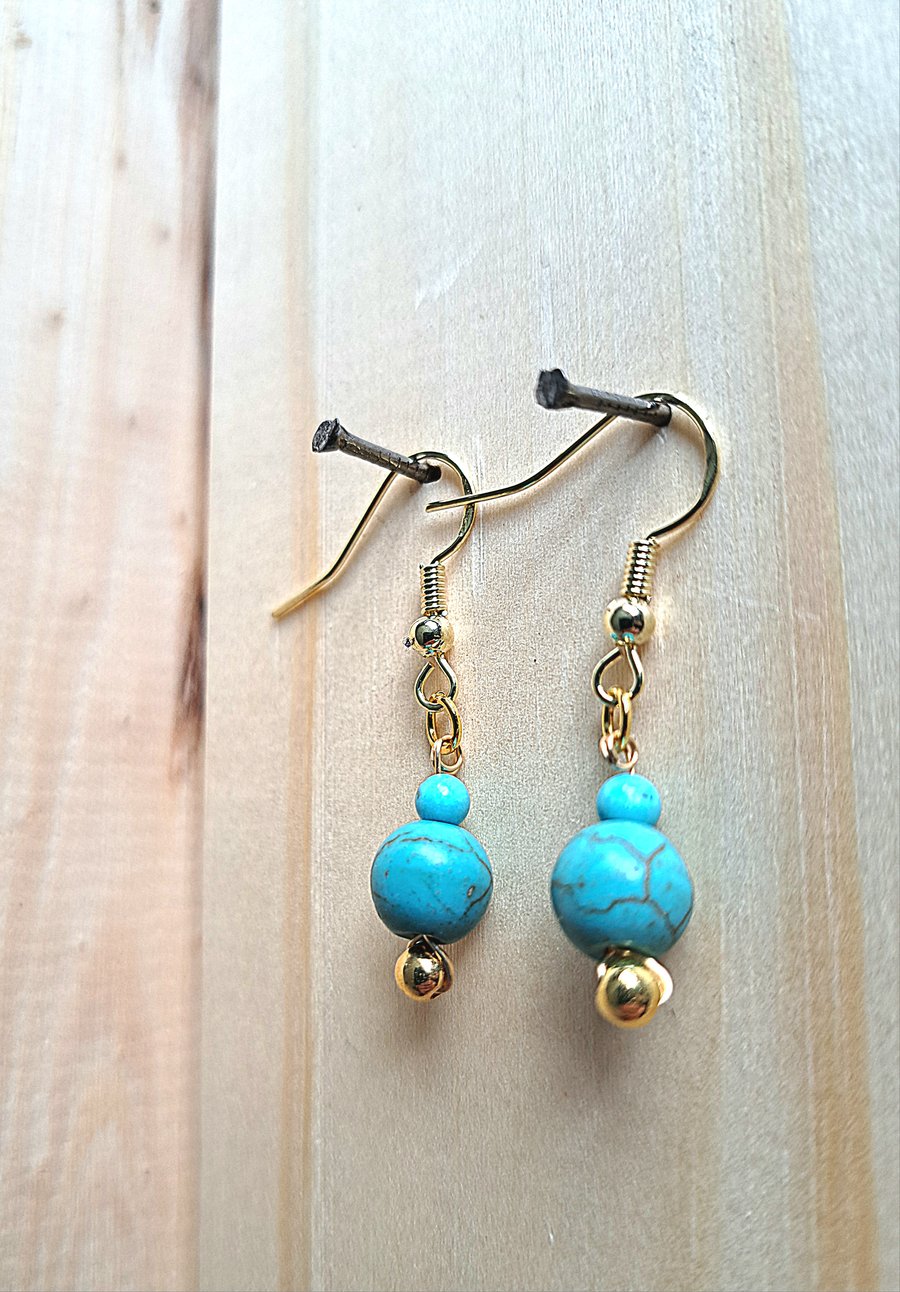 Real Turquoise 14k Gold Plated Drop Earrings Gemstone
