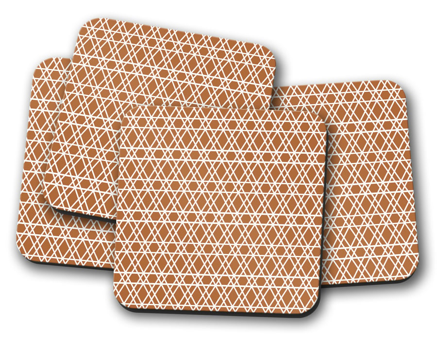 Set of 4 Copper and White Geometric Design Coasters, Drinks Mat
