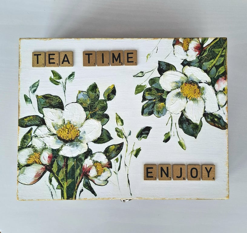 Wooden Tea Box with Compartments Decoupaged & Hand Painted Tea Storage