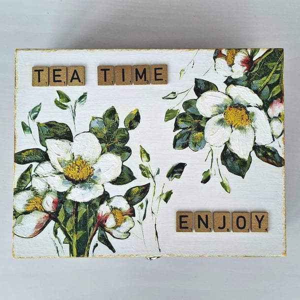 Wooden Tea Box with Compartments Decoupaged & Hand Painted Tea Storage