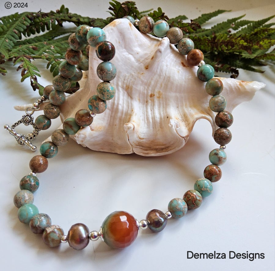 Designer Jasper, Agate & Baroque Freshwater Pearls Silver Plated Necklace