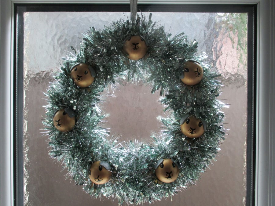 SALE Christmas Wreath Tinsel with Guinea Pig Hand Painted Bauble Heads 